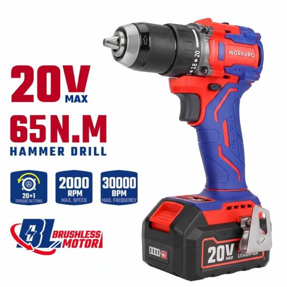 WORKPRO WP390023 20Volt 4.0Ah Li-ion 65Nm. Çift Akülü Kömürsüz Profesyonel Şarjlı Matkap - 9