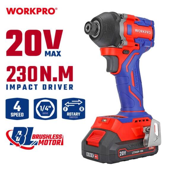 WORKPRO WP390107 20Volt 2.0Ah. Li-ion 230Nm Çift Akü Kömürsüz Profesyonel Şarjlı Darbeli Tornavida - 10