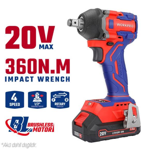 WORKPRO WP390225 20Volt 1/2’’ 360Nm Kömürsüz Profesyonel Şarjlı Somun Sıkma (Akü Dahil Değildir) - 9