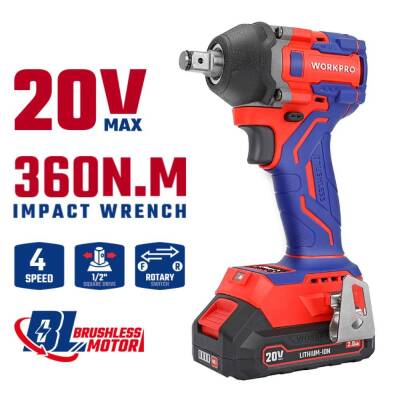 WORKPRO WP390226 20Volt 2.0Ah. Li-ion 1/2’’ 360Nm Çift Akü Kömürsüz Profesyonel Şarjlı Somun Sıkma - 9