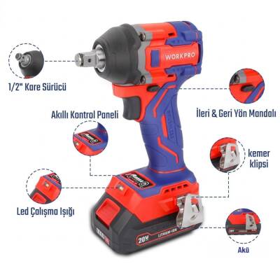 WORKPRO WP390226 20Volt 2.0Ah. Li-ion 1/2’’ 360Nm Çift Akü Kömürsüz Profesyonel Şarjlı Somun Sıkma - 10