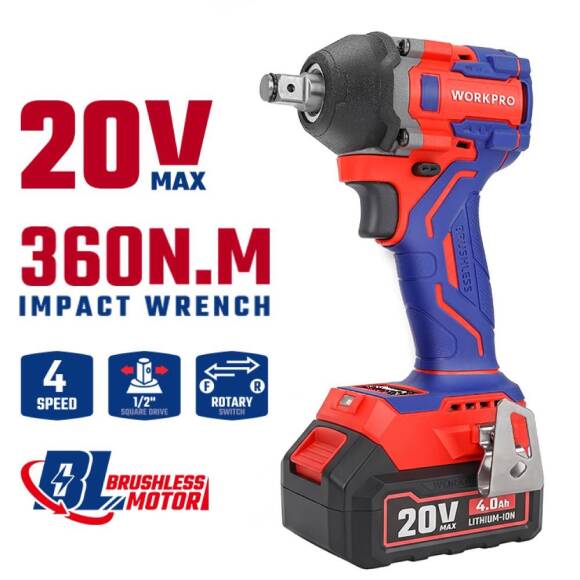WORKPRO WP390228 20Volt 4.0Ah. Li-ion 1/2’’ 360Nm Çift Akü Kömürsüz Profesyonel Şarjlı Somun Sıkma - 9