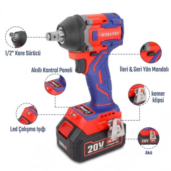 WORKPRO WP390228 20Volt 4.0Ah. Li-ion 1/2’’ 360Nm Çift Akü Kömürsüz Profesyonel Şarjlı Somun Sıkma - 10