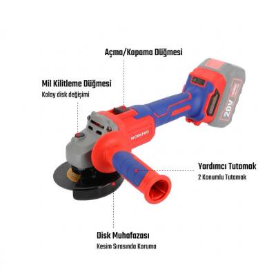 WORKPRO WP392003 20Volt 115mm Şarjlı Kömürsüz Devir Ayarlı Profesyonel Avuç Taşlama (Aküsüz) - 9