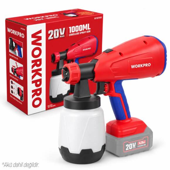 WORKPRO WP397005 20Volt 1000ml. Şarjlı Boya Tabancası +Yedek Nozul/Meme (Akü Dahil Değildir) - 1