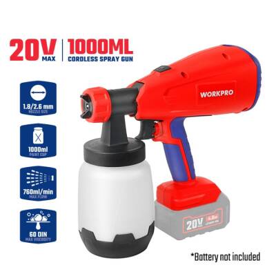WORKPRO WP397005 20Volt 1000ml. Şarjlı Boya Tabancası +Yedek Nozul/Meme (Akü Dahil Değildir) - 10