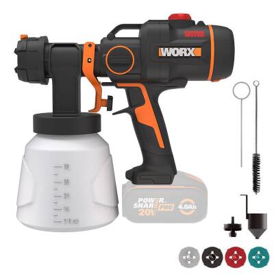 WORX WX020.9 20Volt Kömürsüz Devir Ayarlı Boya Tabancası + 4 Parça Yedek Nozul/Meme (Akü Dahil Değildir) - Worx