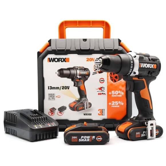 WORX WX102 20Volt/2.0Ah Li-ion Çift Akülü Kömürsüz Profesyonel Şarjlı Matkap - 1