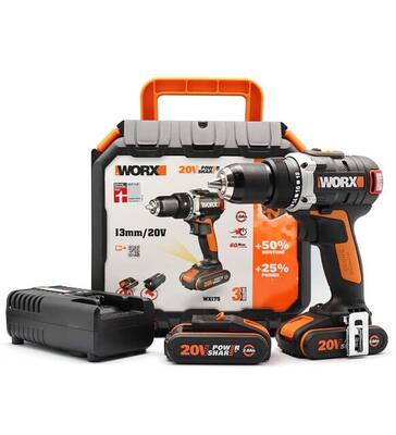 WORX WX175 20Volt/2.0Ah Li-ion Çift Akülü Kömürsüz Profesyonel Şarjlı Matkap - Worx