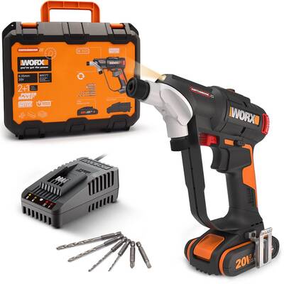 WORX WX177 20Volt/2.0Ah Li-ion Döner Kafa ve Çift Mandrenli Profesyonel Kömürsüz Şarjlı Matkap + 6 Parça Uç - Worx