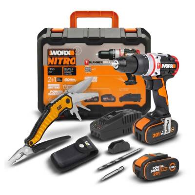 WORX WX354.4CK 20Volt/4.0Ah Li-ion Çift Akülü Kömürsüz Profesyonel Şarjlı Darbeli Matkap + DA980045 9 Çok Fonksiyonlu 27CM Çelik Kamp Çakısı - Worx