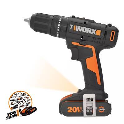 WORX WX370 20Volt/2Ah. Li-ion Çift Akülü Profesyonel Şarjlı Darbeli Matkap + 30 Parça Aksesuar Seti - Worx