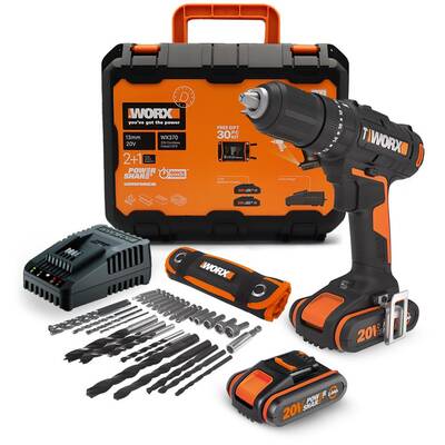 WORX WX370 20Volt/2Ah. Li-ion Çift Akülü Profesyonel Şarjlı Darbeli Matkap + 30 Parça Aksesuar Seti - Thumbnail