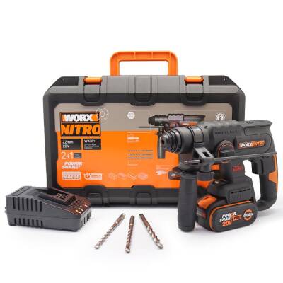 WORX WX381 20Volt 4.0Ah. 2J Li-ion Tek Akülü Profesyonel SDS-Plus Pnömatik Kırıcı/Delici + 3 Parça Delme Ucu - Worx