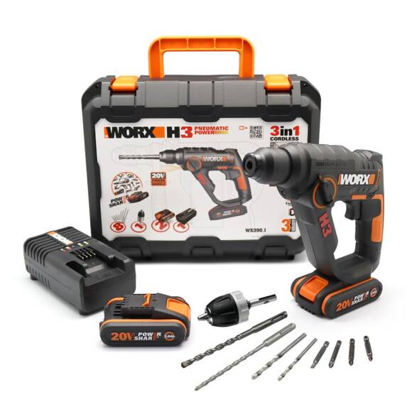 WORX WX390.1 20Volt 2.0Ah. Li-ion 1.2J Profesyonel SDS-Plus Pnömatik Çift Akülü Şarjlı Matkap + 8 Adet Uç + Mandren - 1