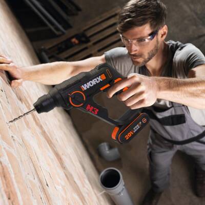 WORX WX390.1 20Volt 2.0Ah. Li-ion 1.2J Profesyonel SDS-Plus Pnömatik Çift Akülü Şarjlı Matkap + 8 Adet Uç + Mandren - 7