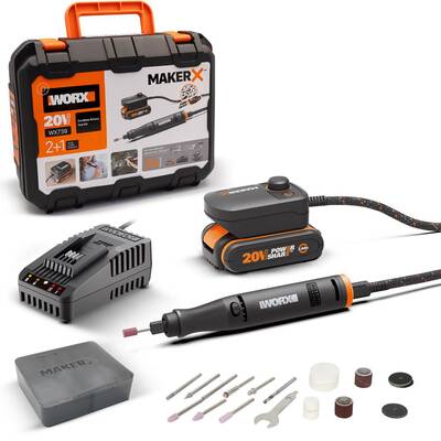 Worx - WORX WX739 MAKERX 20Volt 2.0Ah. Kömürsüz Profesyonel Kalem Tipi Devir Ayarlı Gravür Seti + 34 Parça aksesuar