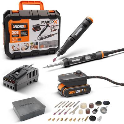 WORX WX988 MAKERX 20Volt 2.0Ah. Kömürsüz Profesyonel Kalem Tipi Devir Ayarlı Gravür Seti + Kalem Tipi Dijital Lehim ve Ahşap Yakma Seti + 46 Parça Aksesuar - Worx