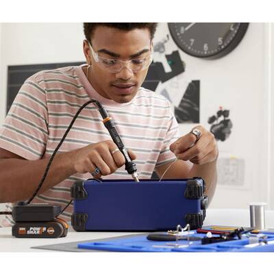 WORX WX988 MAKERX 20Volt 2.0Ah. Kömürsüz Profesyonel Kalem Tipi Devir Ayarlı Gravür Seti + Kalem Tipi Dijital Lehim ve Ahşap Yakma Seti + 46 Parça Aksesuar - Thumbnail
