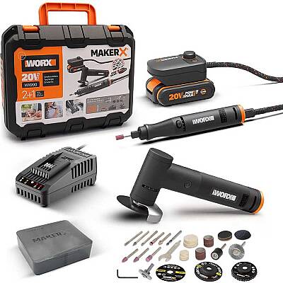 WORX WX990 MAKERX 20Volt 2.0Ah. Kömürsüz Profesyonel Kalem Tipi Devir Ayarlı Gravür + 50MM Açılı Avuç Taşlama Kombo Set + 39 Parça aksesuar - Worx