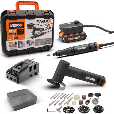 WORX WX990 MAKERX 20Volt 2.0Ah. Kömürsüz Profesyonel Kalem Tipi Devir Ayarlı Gravür + 50MM Açılı Avuç Taşlama Kombo Set + 39 Parça aksesuar - Worx